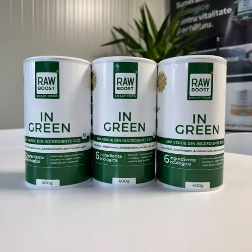2+1 CADOU - In Green, Mix Verde ECO anti-balonare, detoxifiant, pentru talie suplă. 400g, 80 porții + CADOU ghid practic cu 15 rețete