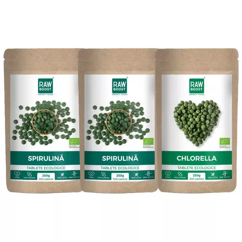 Pachet Cură cu alge - 2xSpirulină tablete, 1xChlorella tablete