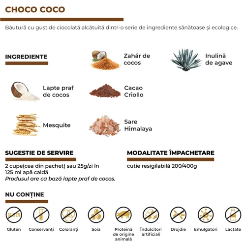 Choco Coco, ciocolată caldă organică - un deliciu curat pentru toată familia  200g, 8 porții