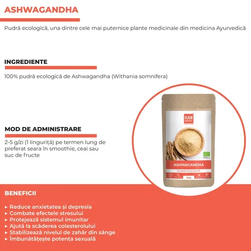 Ashwagandha Pudră Ecologică - efecte antistres, antiinflamatoare și adaptogene, 250g