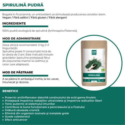 Spirulină Pudră Ecologică - puternic efect antiinflamator şi imunizant, 250g